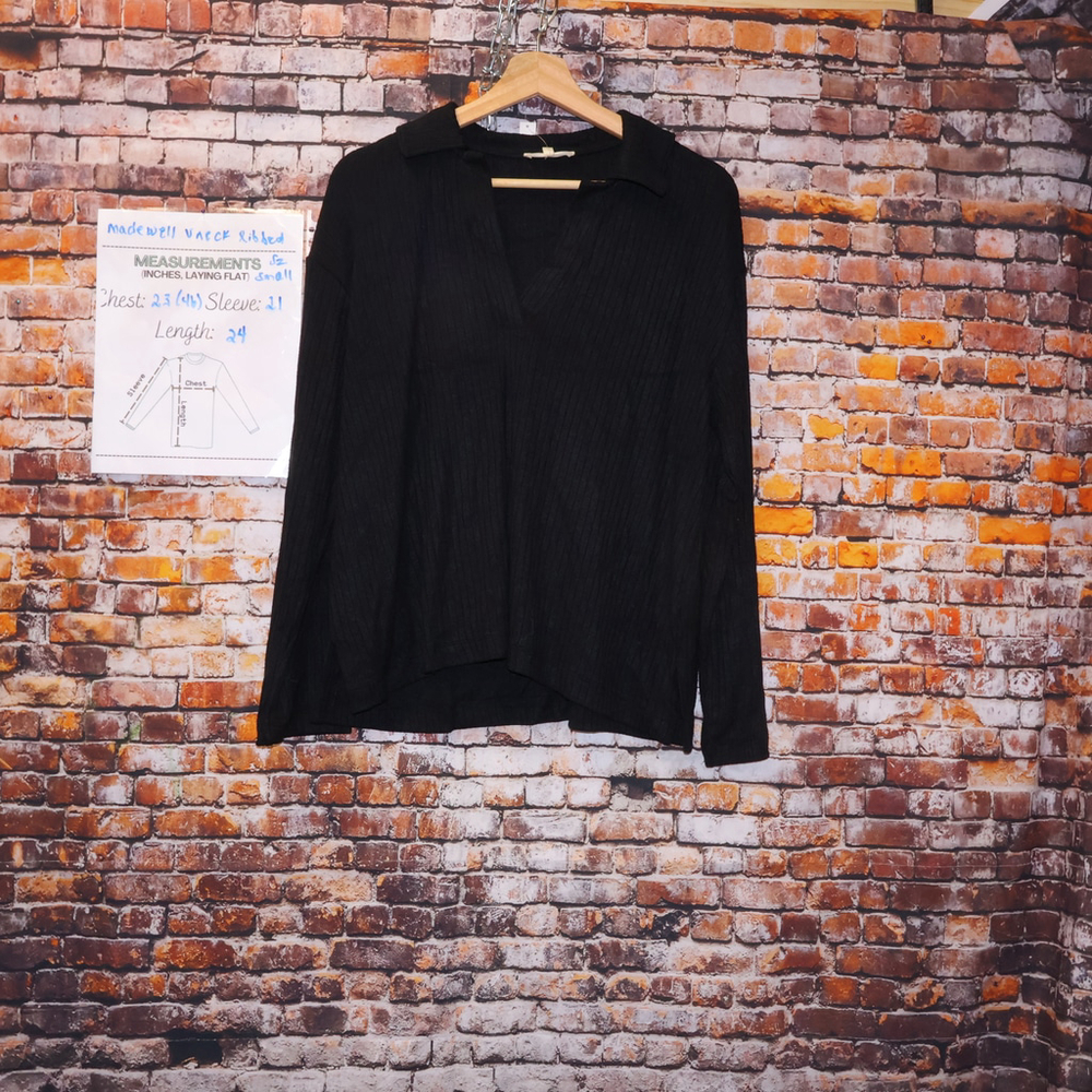 NEW Madewell Polo Deepest Black Sz S Pit to Pit 23/L 24/Slv 21 Drop Shoulde Rib